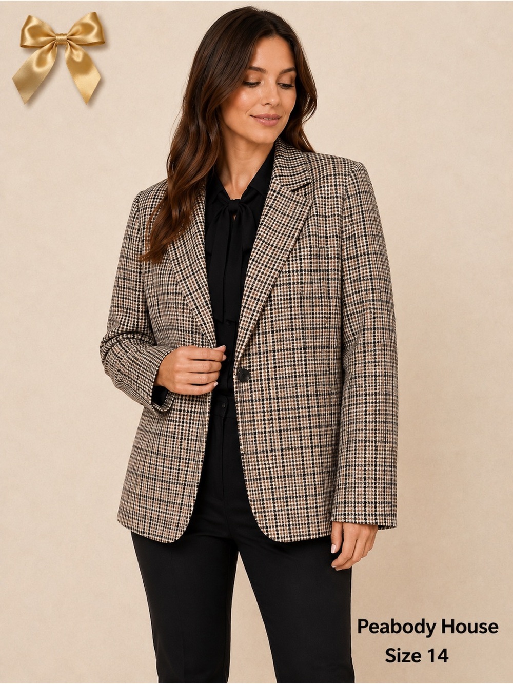 Vintage Peabody House Houndstooth Wool Blend Blazer Jacket Brown Beige Size 14